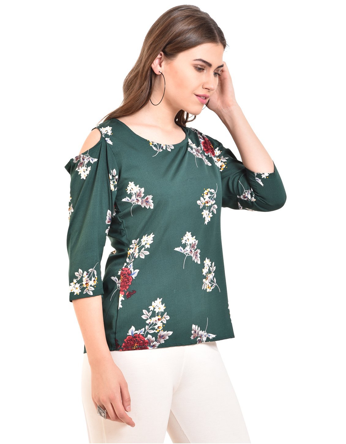 Women's Green Printed 3/4 Sleeve Round Crepe Casual Top