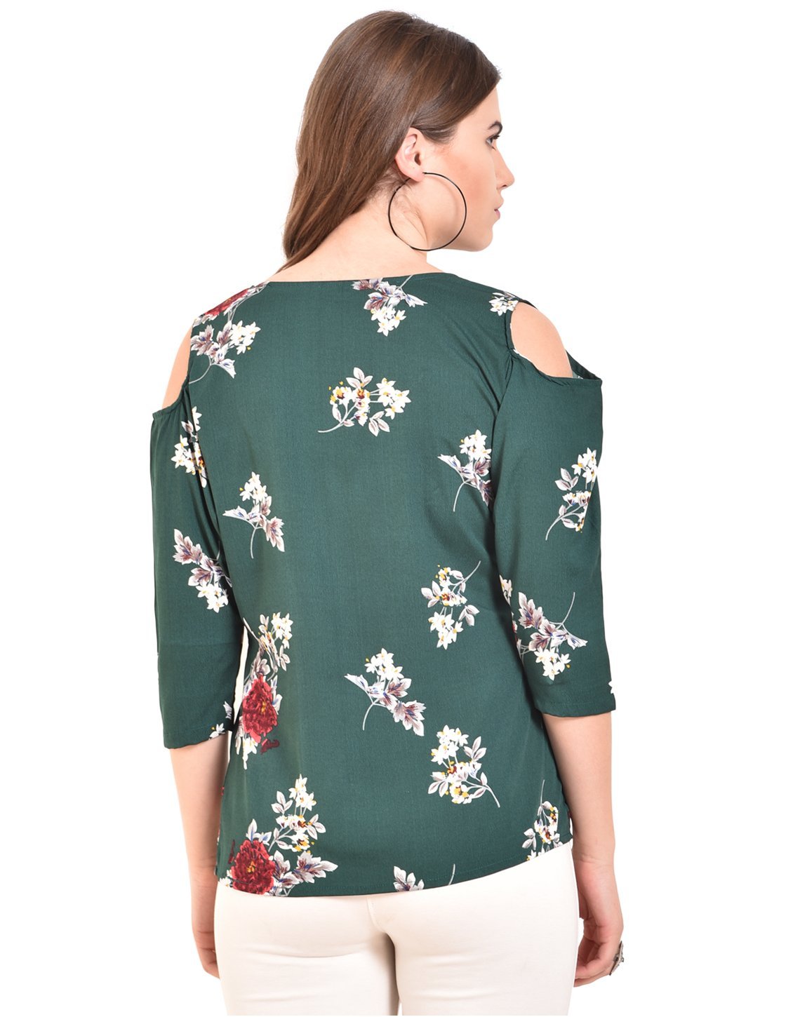 Women's Green Printed 3/4 Sleeve Round Crepe Casual Top