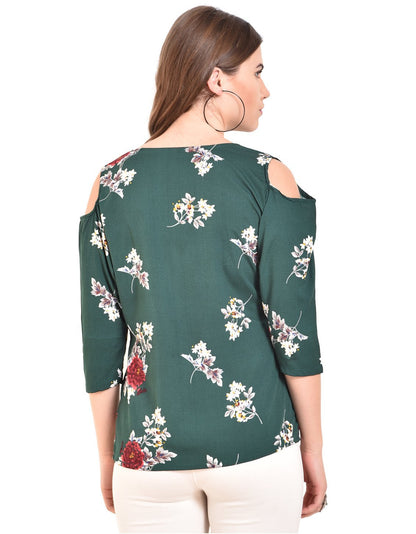 Women's Green Printed 3/4 Sleeve Round Crepe Casual Top
