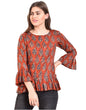 Women's Rust Printed Bell Sleeve Round Rayon Casual Top