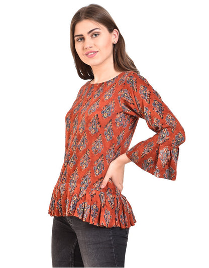 Women's Rust Printed Bell Sleeve Round Rayon Casual Top