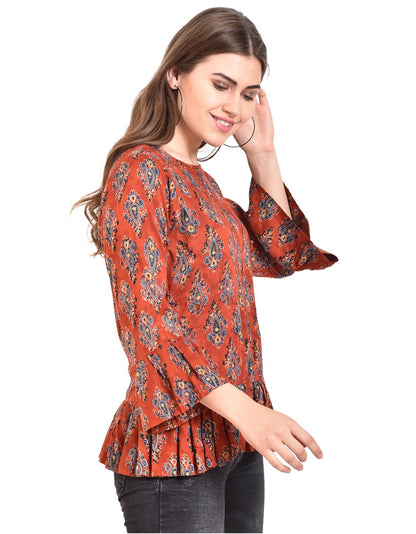 Women's Rust Printed Bell Sleeve Round Rayon Casual Top