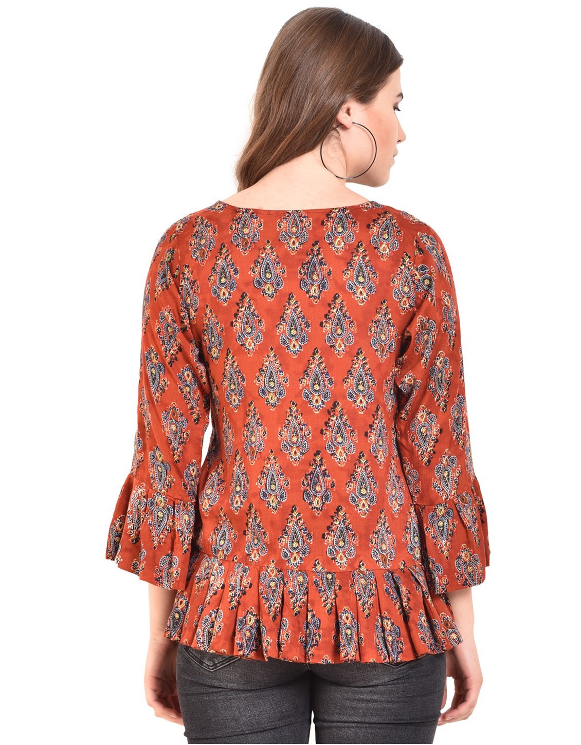 Women's Rust Printed Bell Sleeve Round Rayon Casual Top