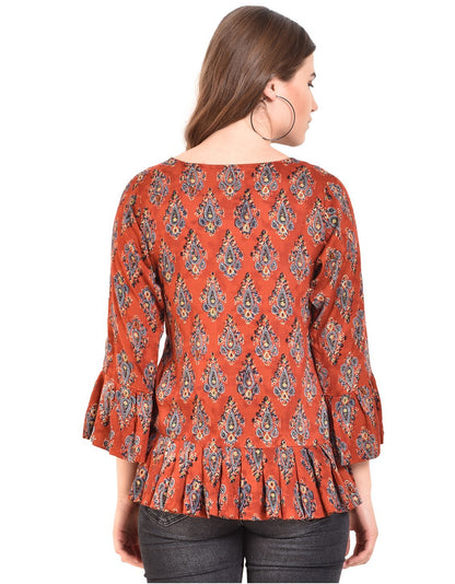 Women's Rust Printed Bell Sleeve Round Rayon Casual Top