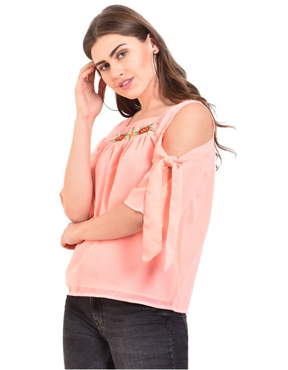 Women's Pink Solid 3/4 Sleeve Round Crepe Casual Top