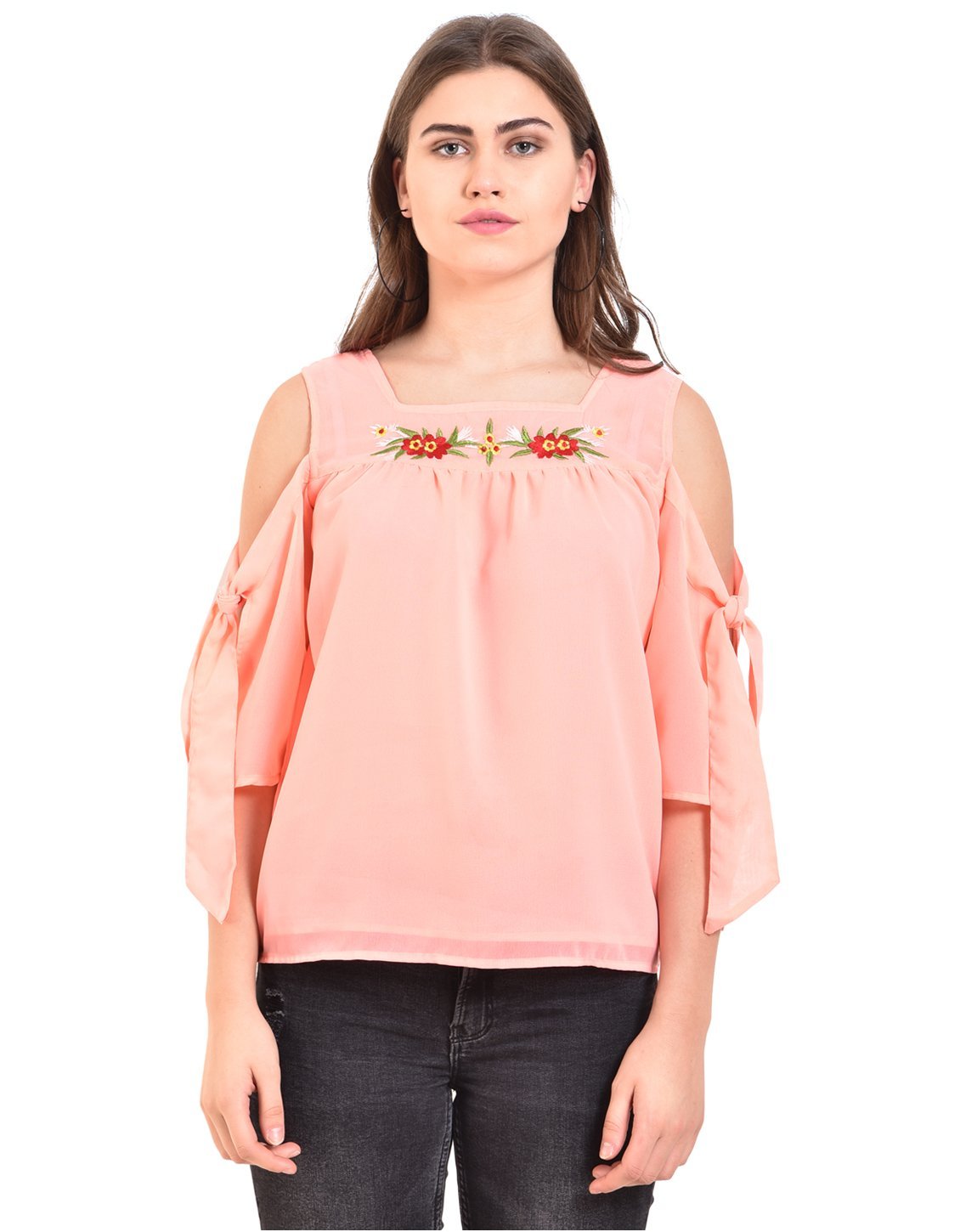 Women's Pink Solid 3/4 Sleeve Round Crepe Casual Top