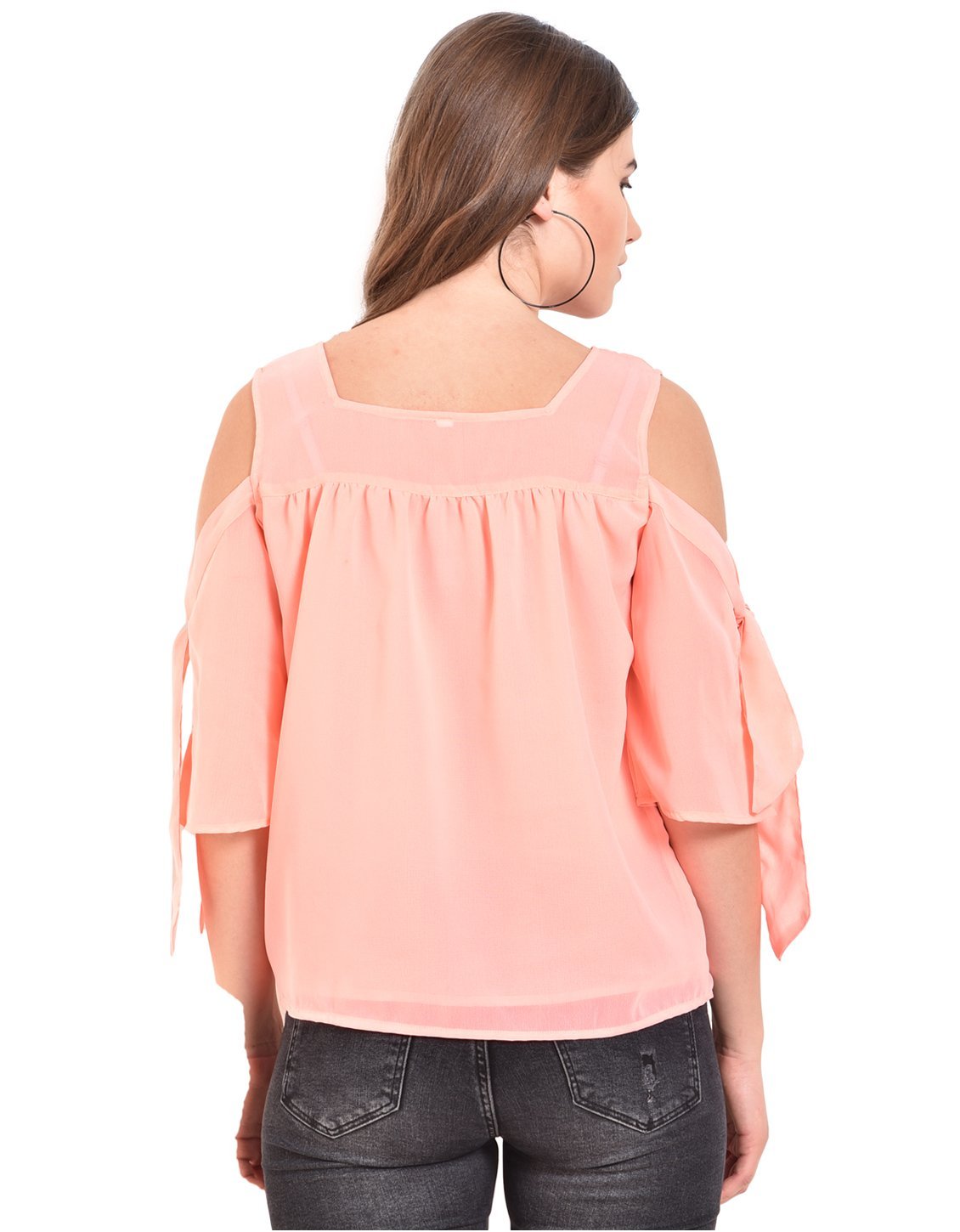 Women's Pink Solid 3/4 Sleeve Round Crepe Casual Top