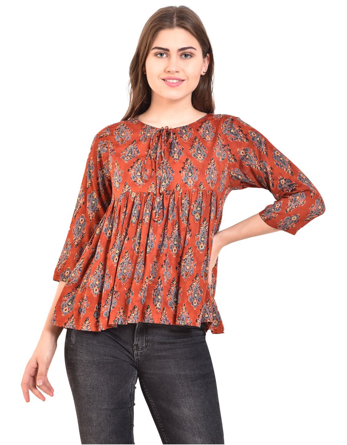 Women's Rust Printed 3/4 Sleeve Round Rayon Casual Top