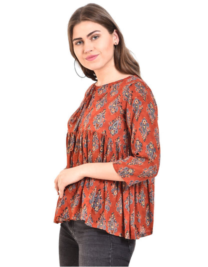 Women's Rust Printed 3/4 Sleeve Round Rayon Casual Top