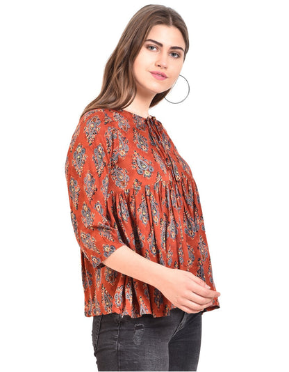 Women's Rust Printed 3/4 Sleeve Round Rayon Casual Top