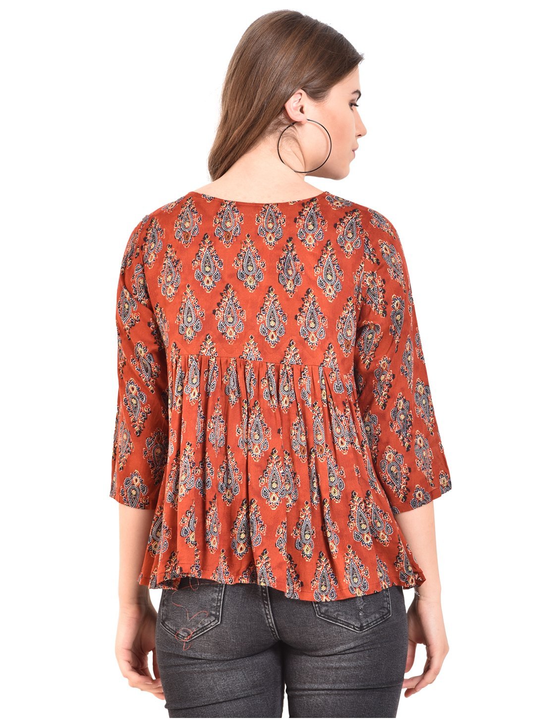 Women's Rust Printed 3/4 Sleeve Round Rayon Casual Top