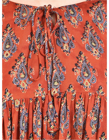 Women's Rust Printed 3/4 Sleeve Round Rayon Casual Top