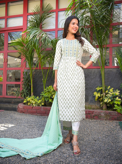 Women's White Handblock Dupatta Set
