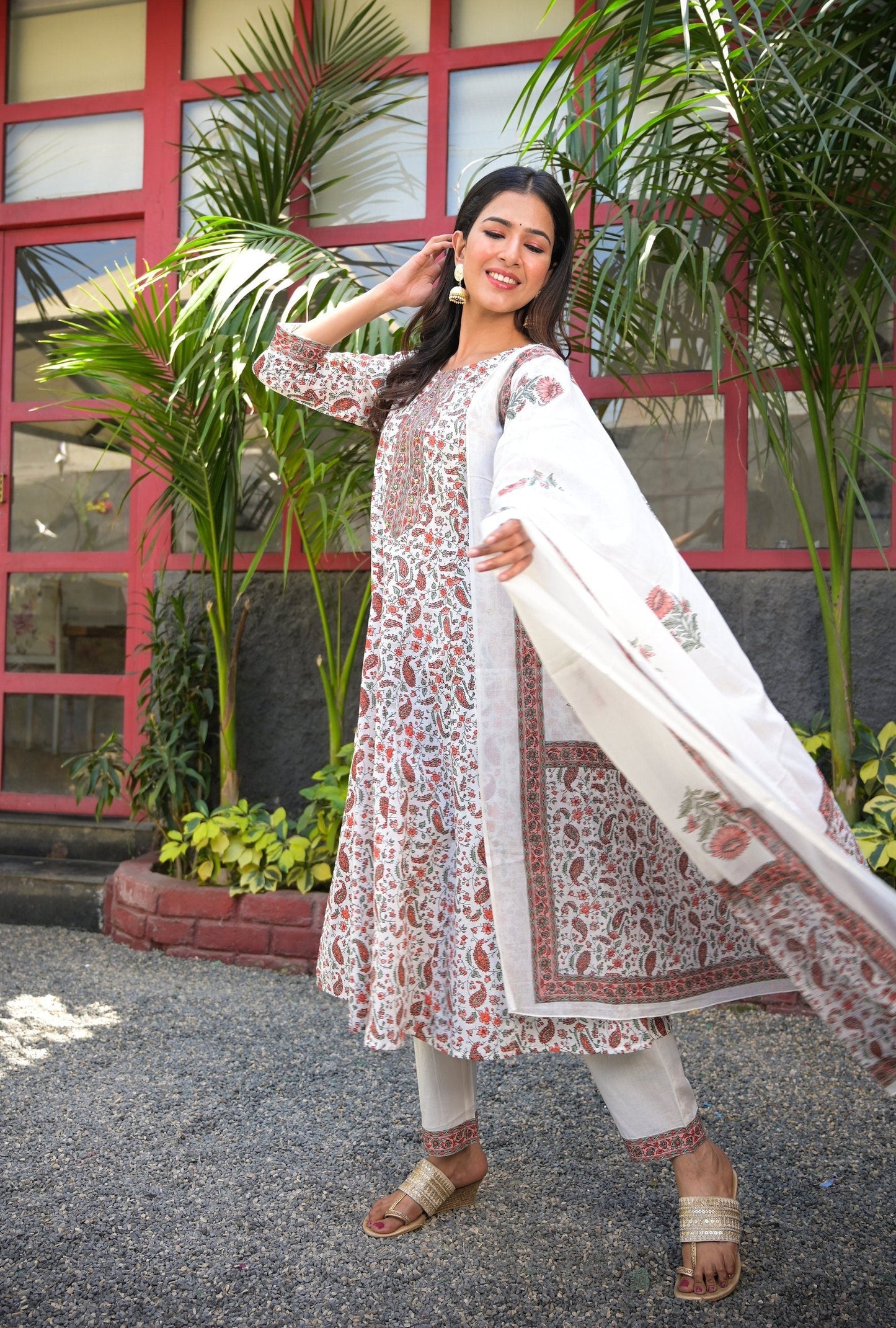 Women's White Handblock Dupatta Set
