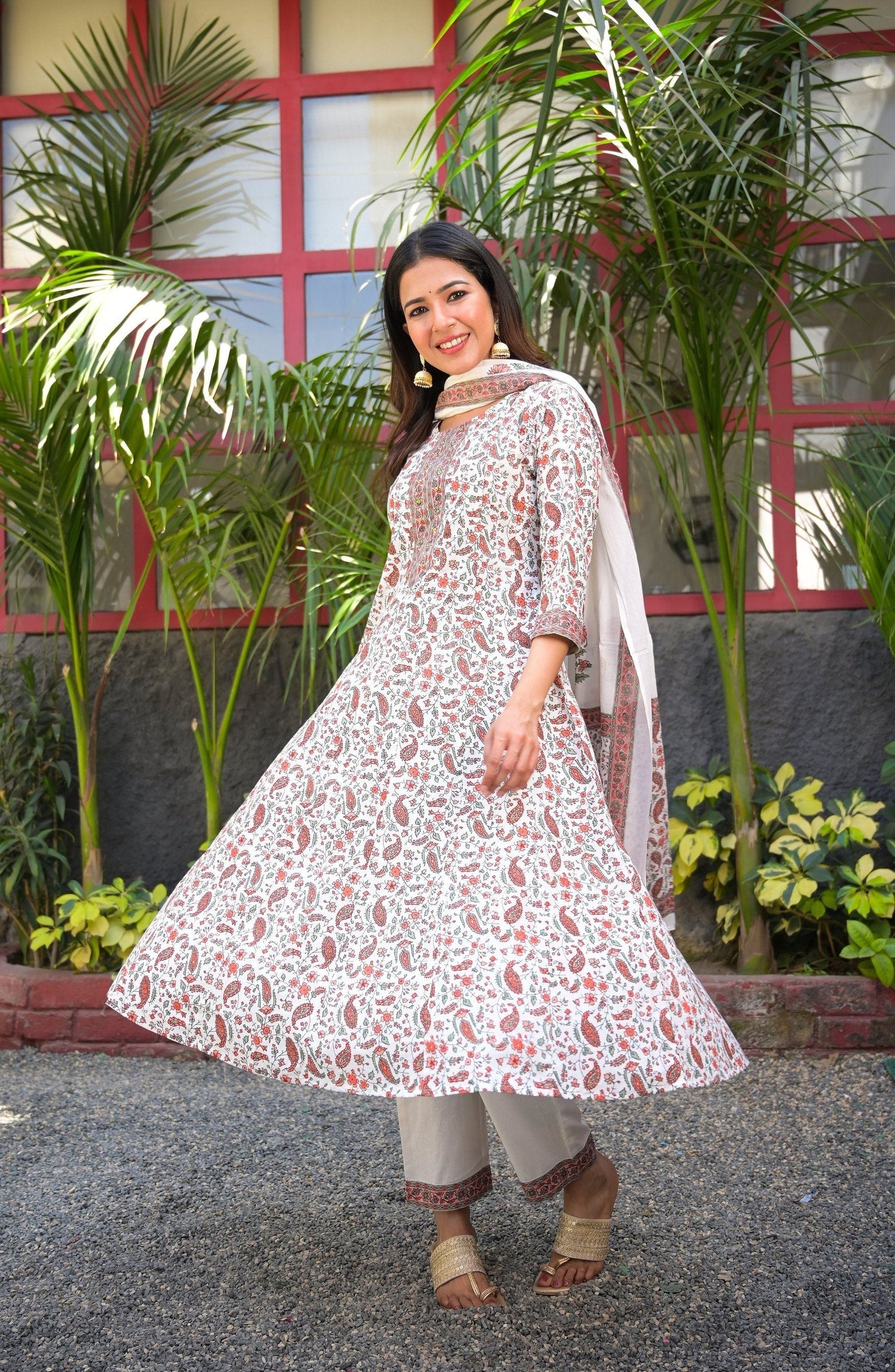 Women's White Handblock Dupatta Set