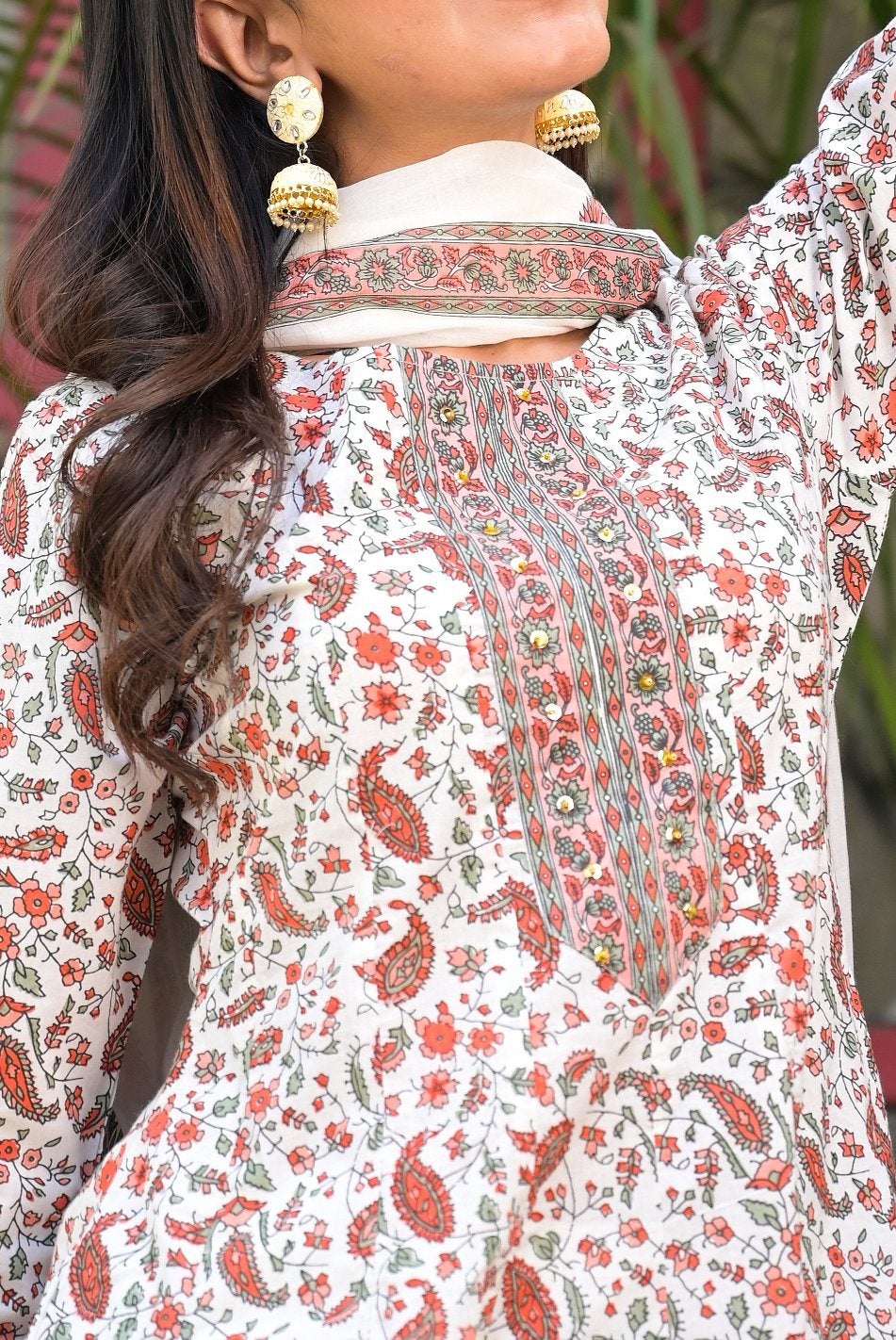 Women's White Handblock Dupatta Set