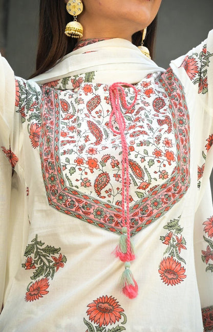 Women's White Handblock Dupatta Set