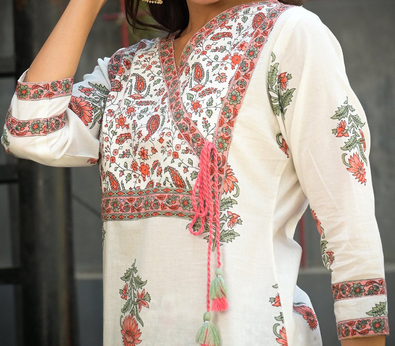 Women's White Handblock Kurta Set