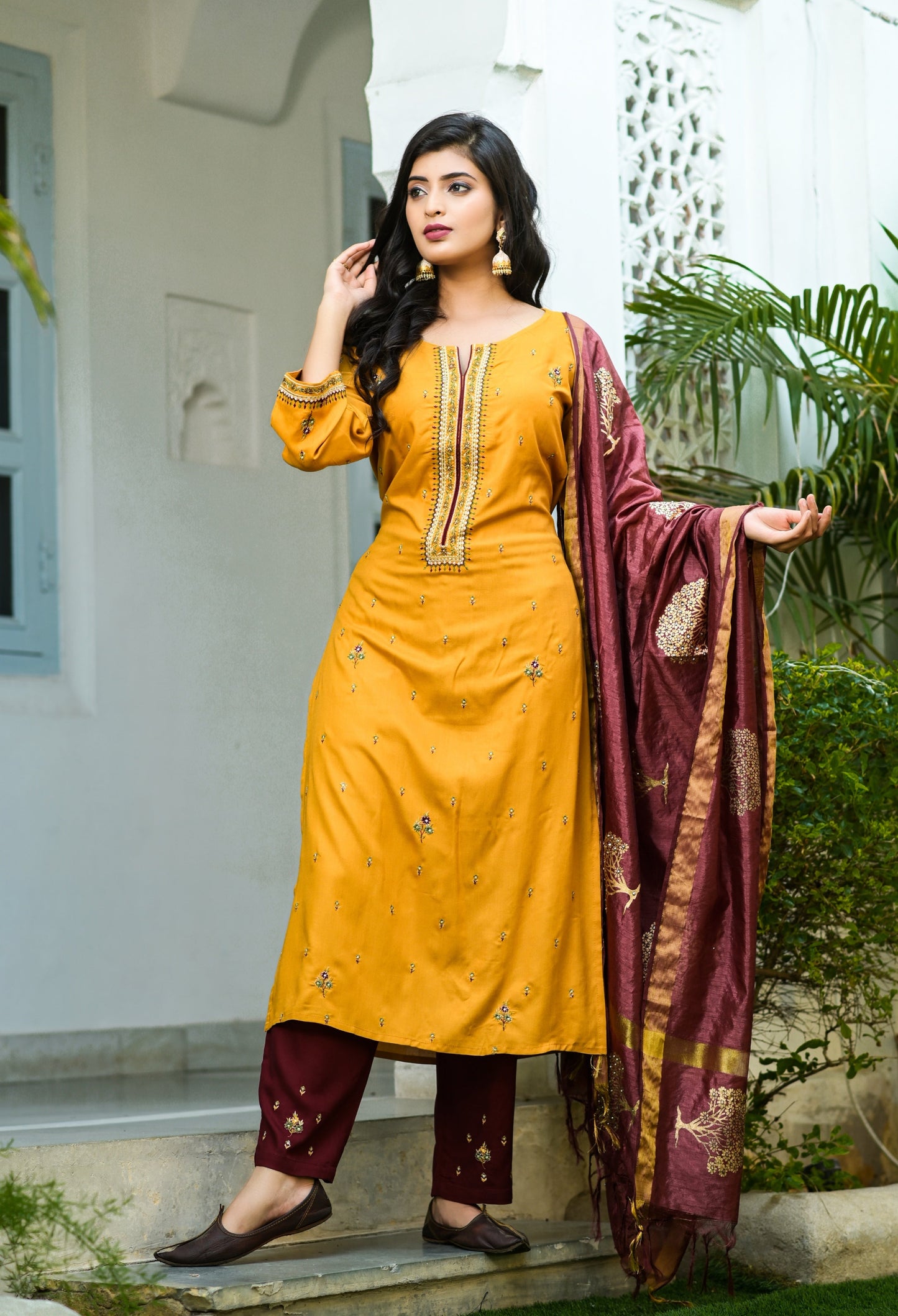 Women's Mustard & Maroon Embroidered Dupatta Set