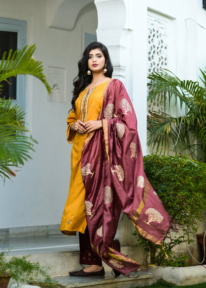 Women's Mustard & Maroon Embroidered Dupatta Set