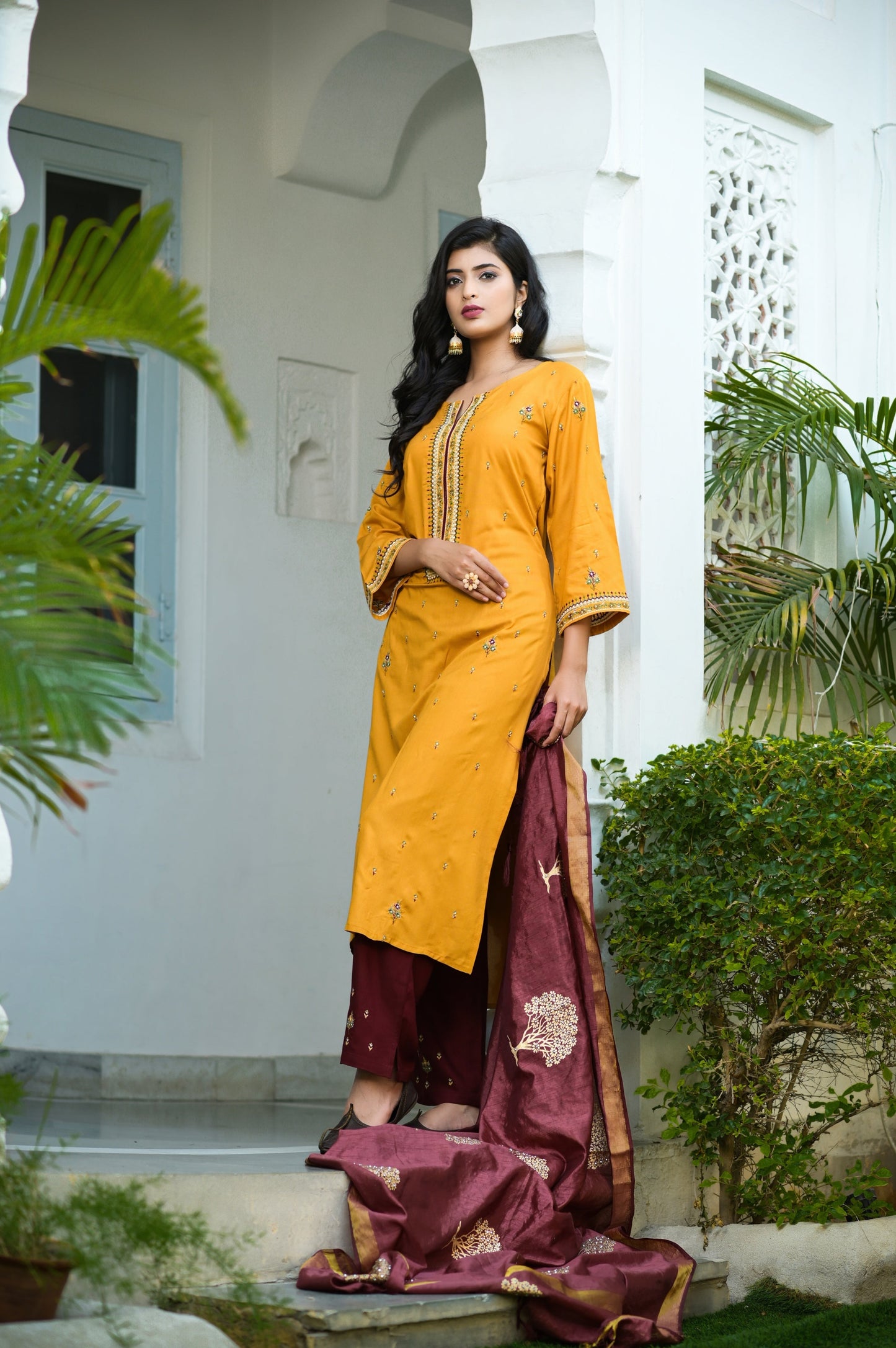 Women's Mustard & Maroon Embroidered Dupatta Set