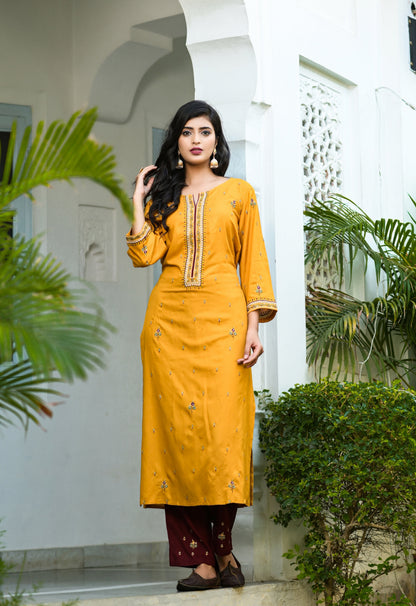 Women's Mustard & Maroon Embroidered Dupatta Set
