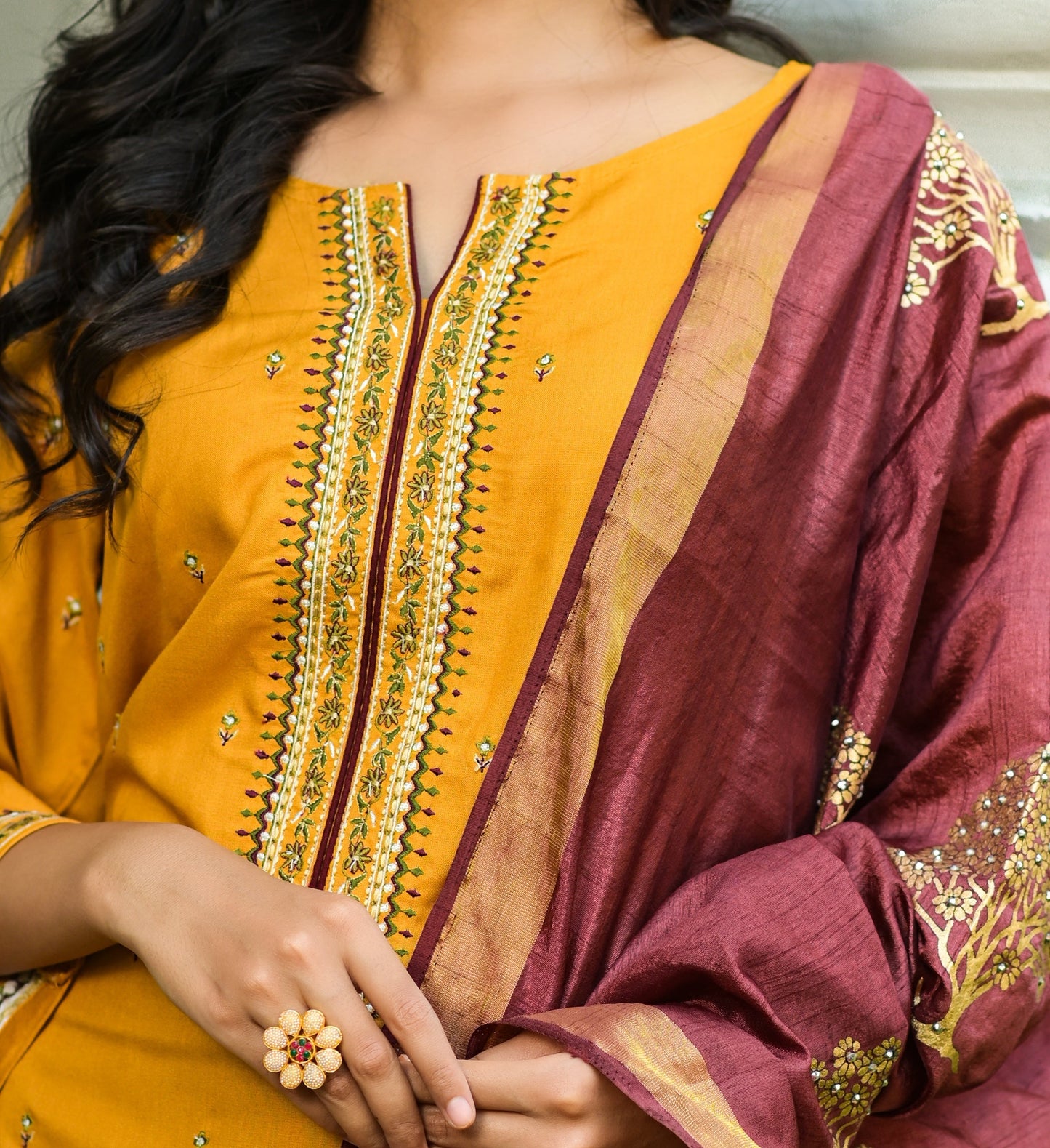 Women's Mustard & Maroon Embroidered Dupatta Set
