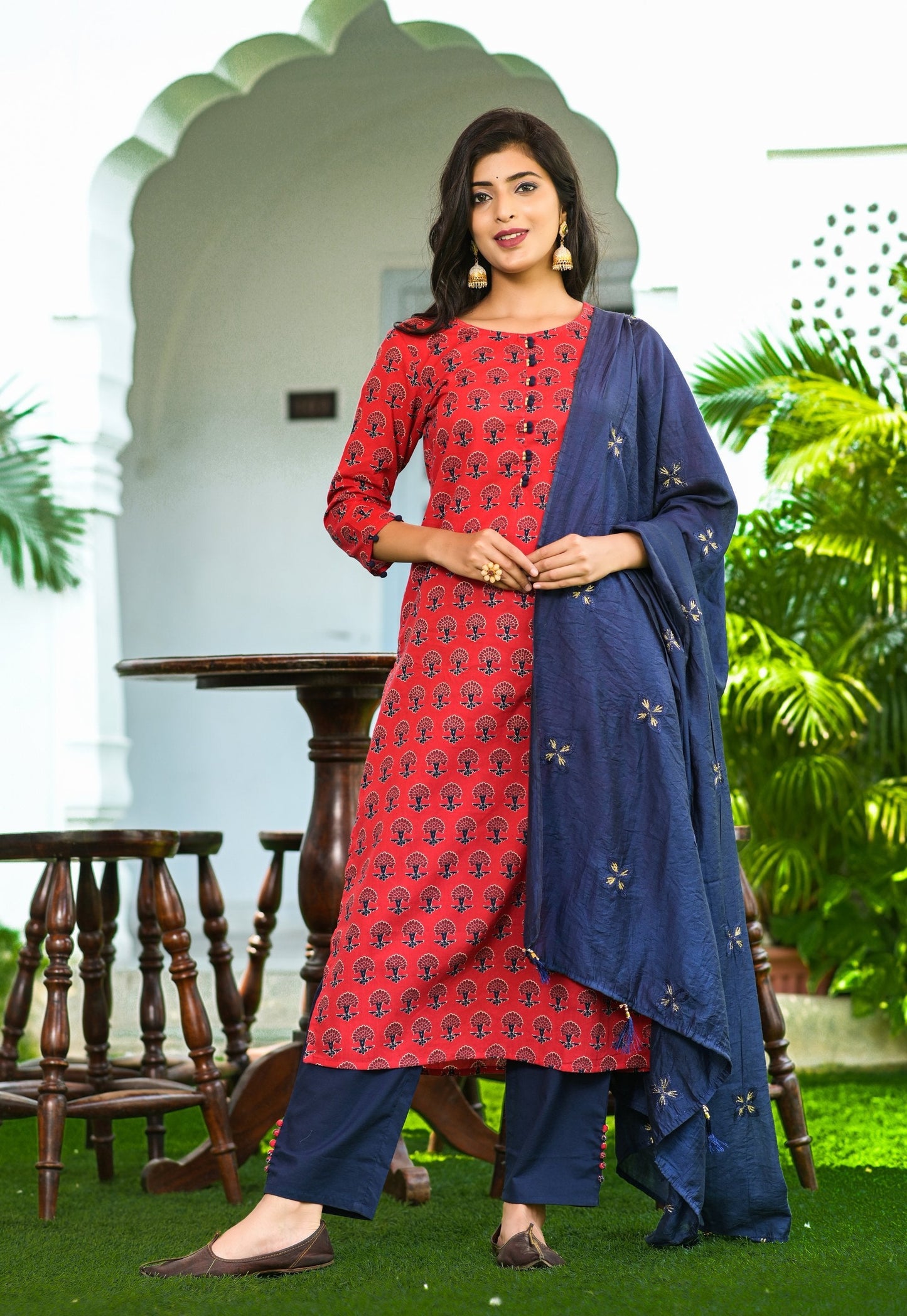 Women's Red Handblock Printed Kurta Set