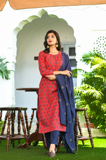 Women's Red Handblock Printed Kurta Set