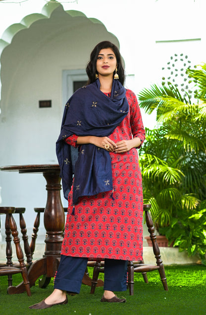 Women's Red Handblock Printed Kurta Set