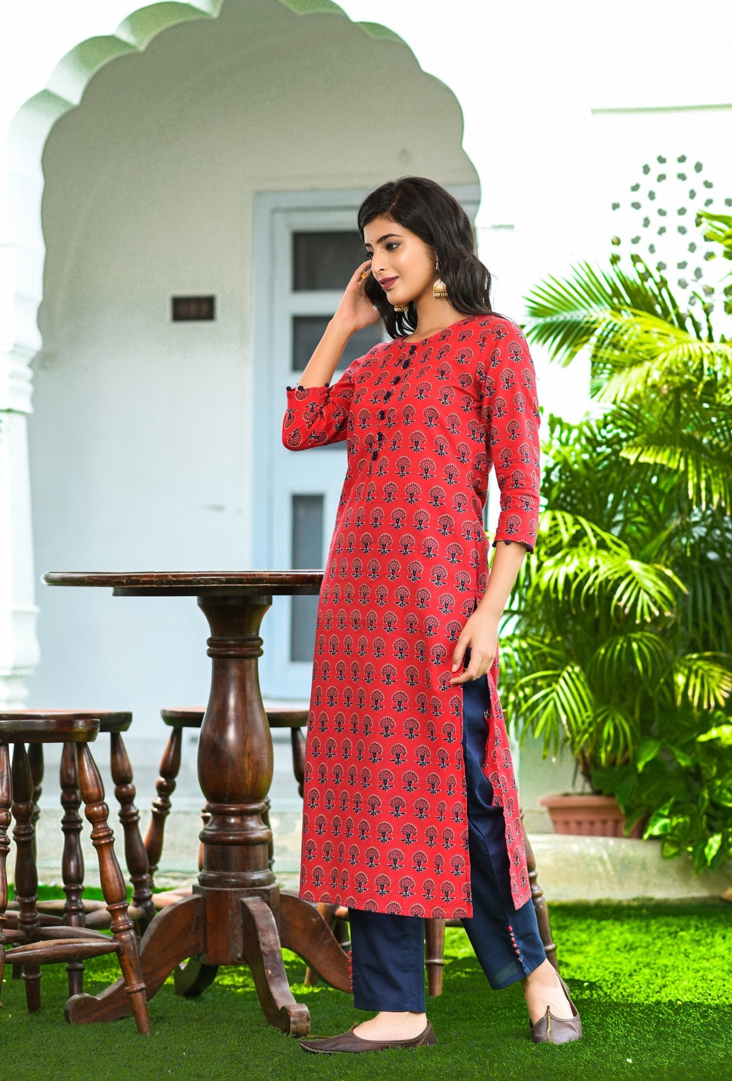 Women's Red Handblock Printed Kurta Set