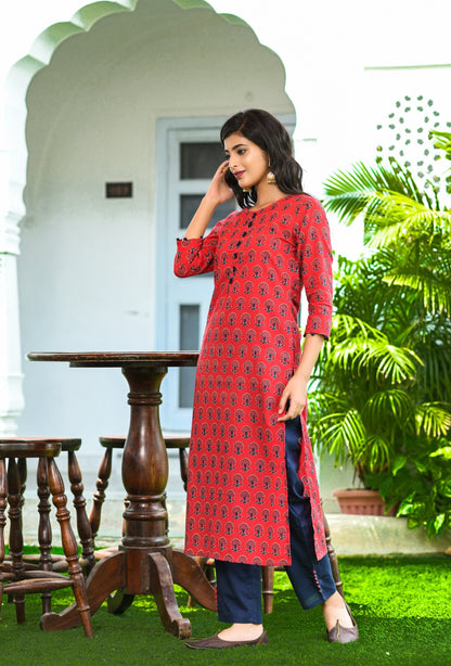 Women's Red Handblock Printed Kurta Set