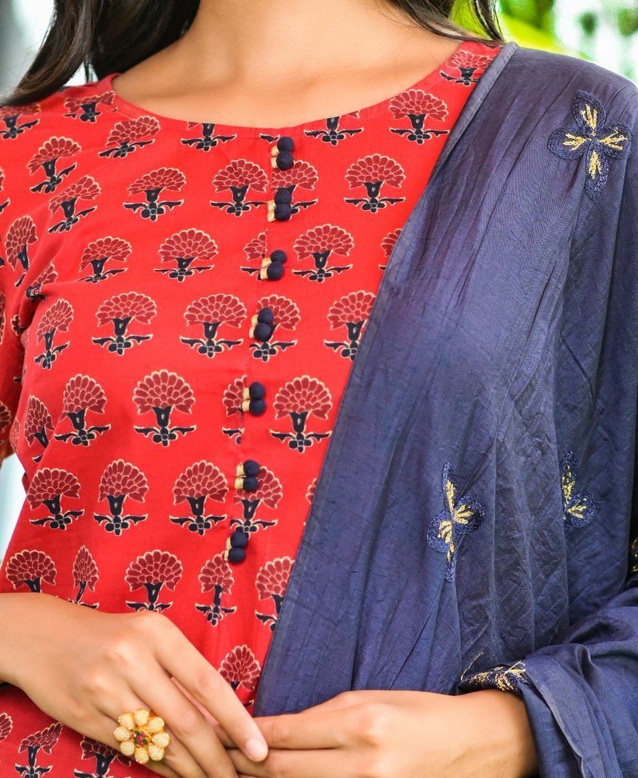 Women's Red Handblock Printed Kurta Set