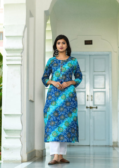 Women's Blue Bandhani Printed Kurta