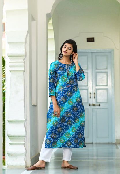 Women's Blue Bandhani Printed Kurta