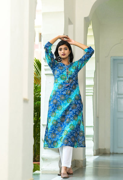 Women's Blue Bandhani Printed Kurta