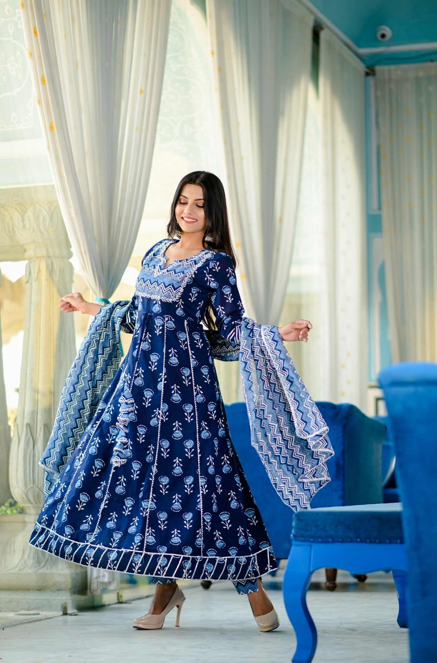 Women's Blue Handblock Dupatta Set