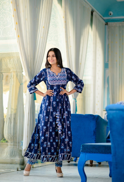 Women's Blue Handblock Dupatta Set