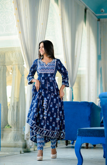 Women's Blue Handblock Dupatta Set