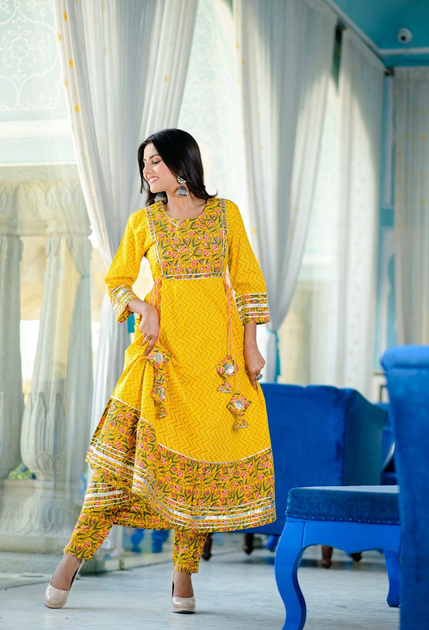 Women's Yellow Handblock Dupatta Set