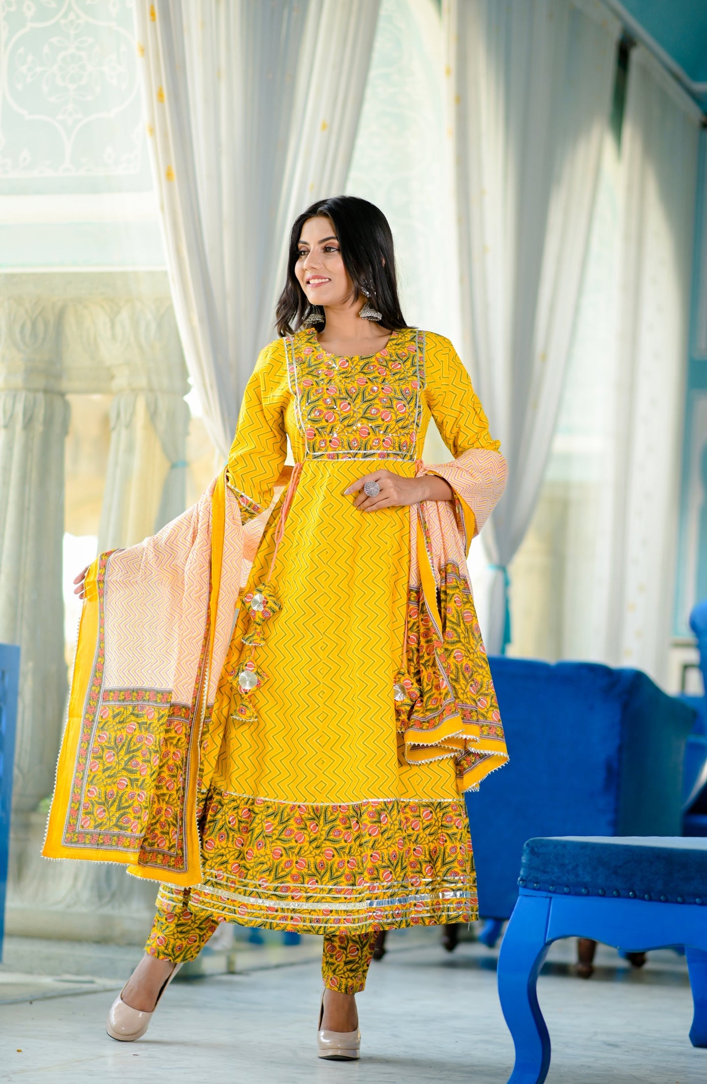 Women's Yellow Handblock Dupatta Set