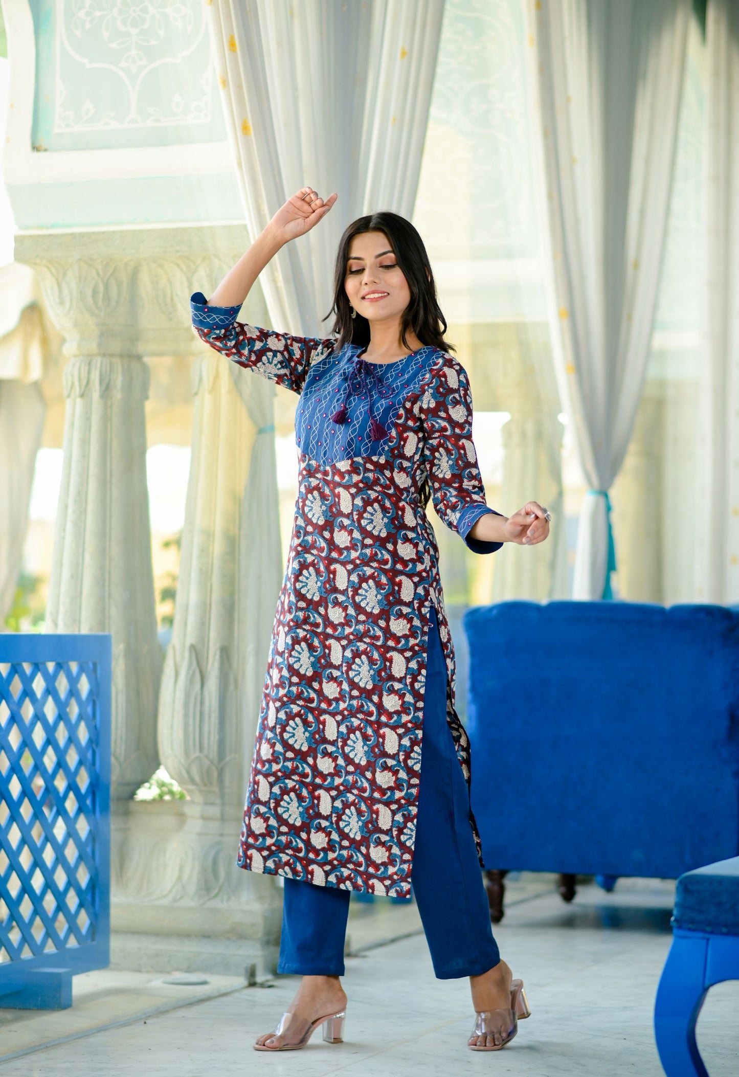 Women's Blue Handblock Kurta Set