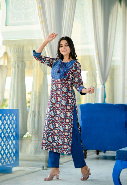 Women's Blue Handblock Kurta Set