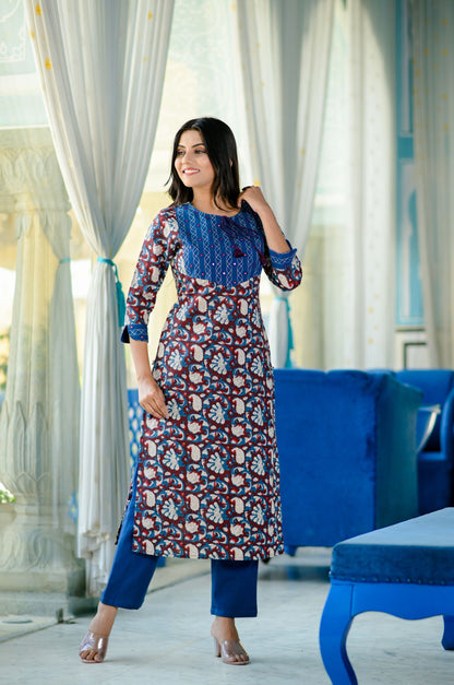 Women's Blue Handblock Kurta Set