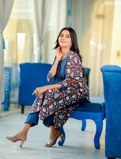 Women's Blue Handblock Kurta Set