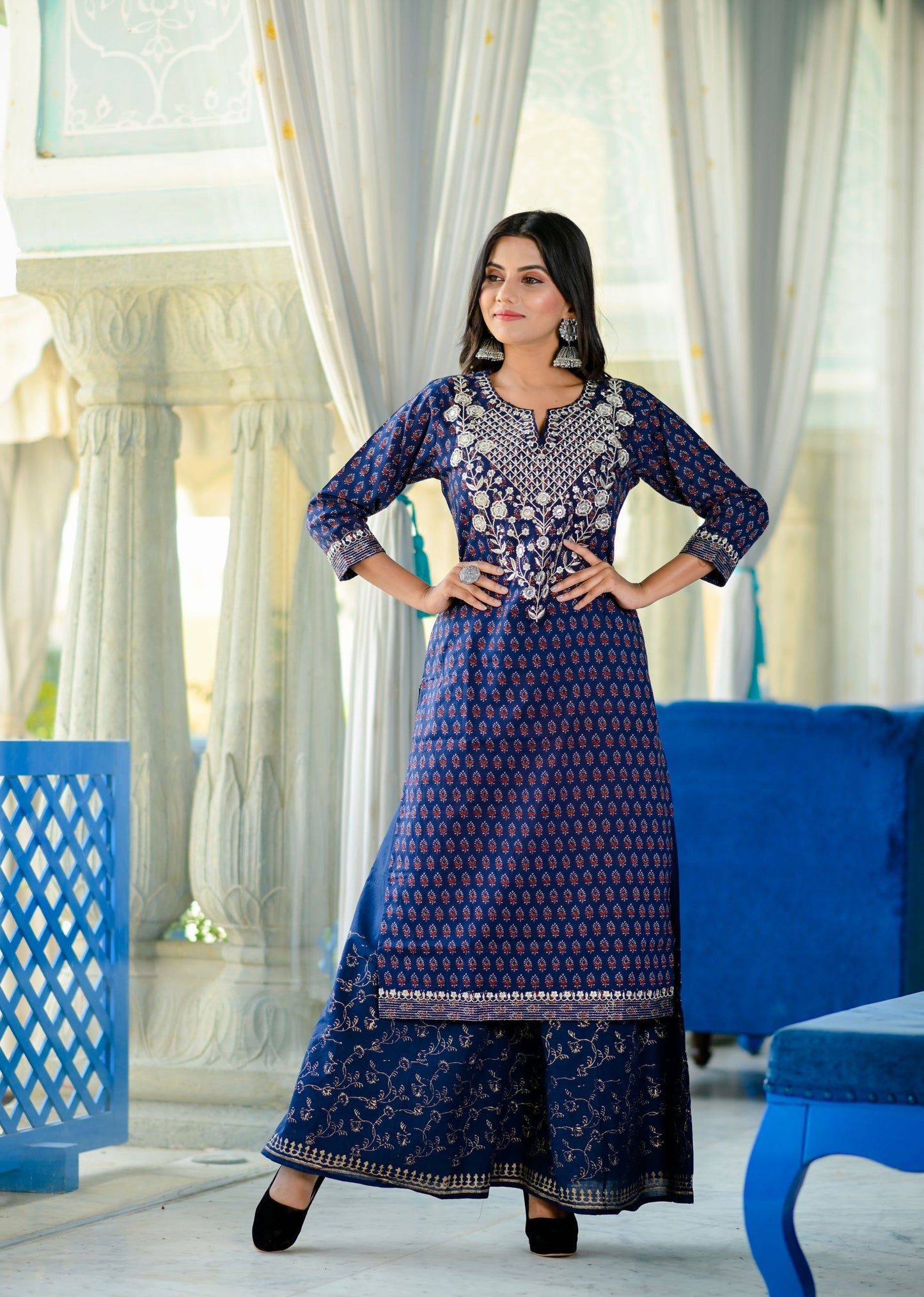 Women's Blue Handblock Dupatta Set