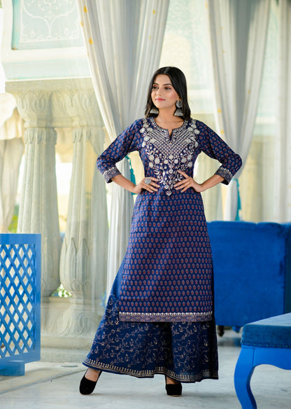 Women's Blue Handblock Dupatta Set