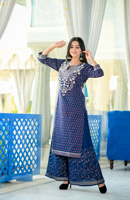 Women's Blue Handblock Dupatta Set