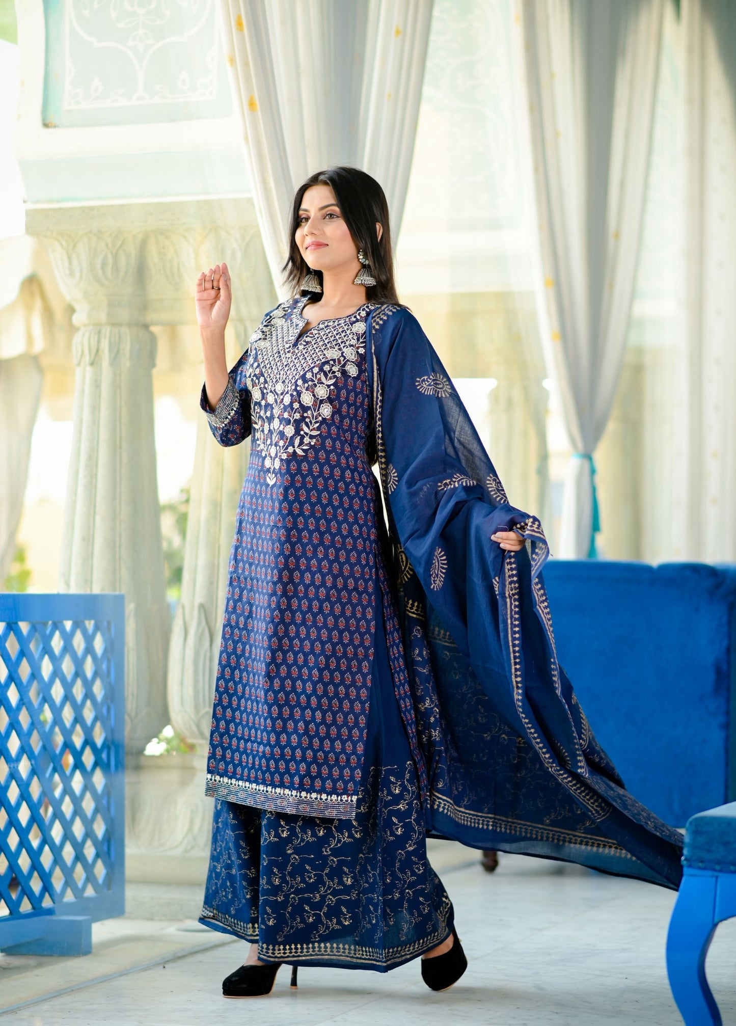 Women's Blue Handblock Dupatta Set