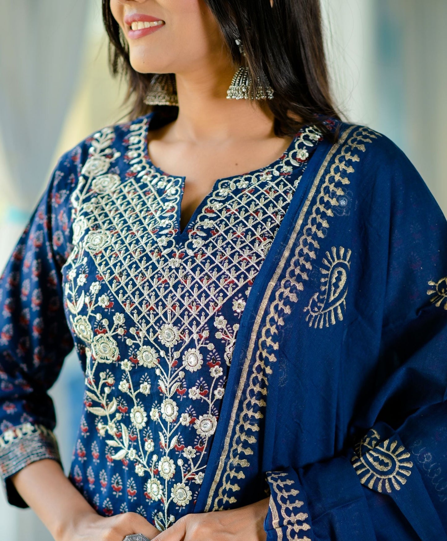 Women's Blue Handblock Dupatta Set